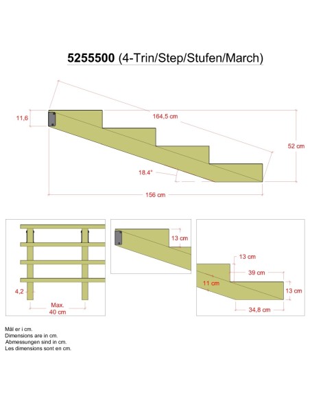 19º trappevange 4 trin m/beslag - Trindybde 39 cm