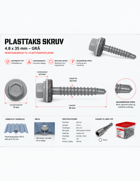 Nem monteringsskrue til plasttrapez 4,8x35mm 100stk.